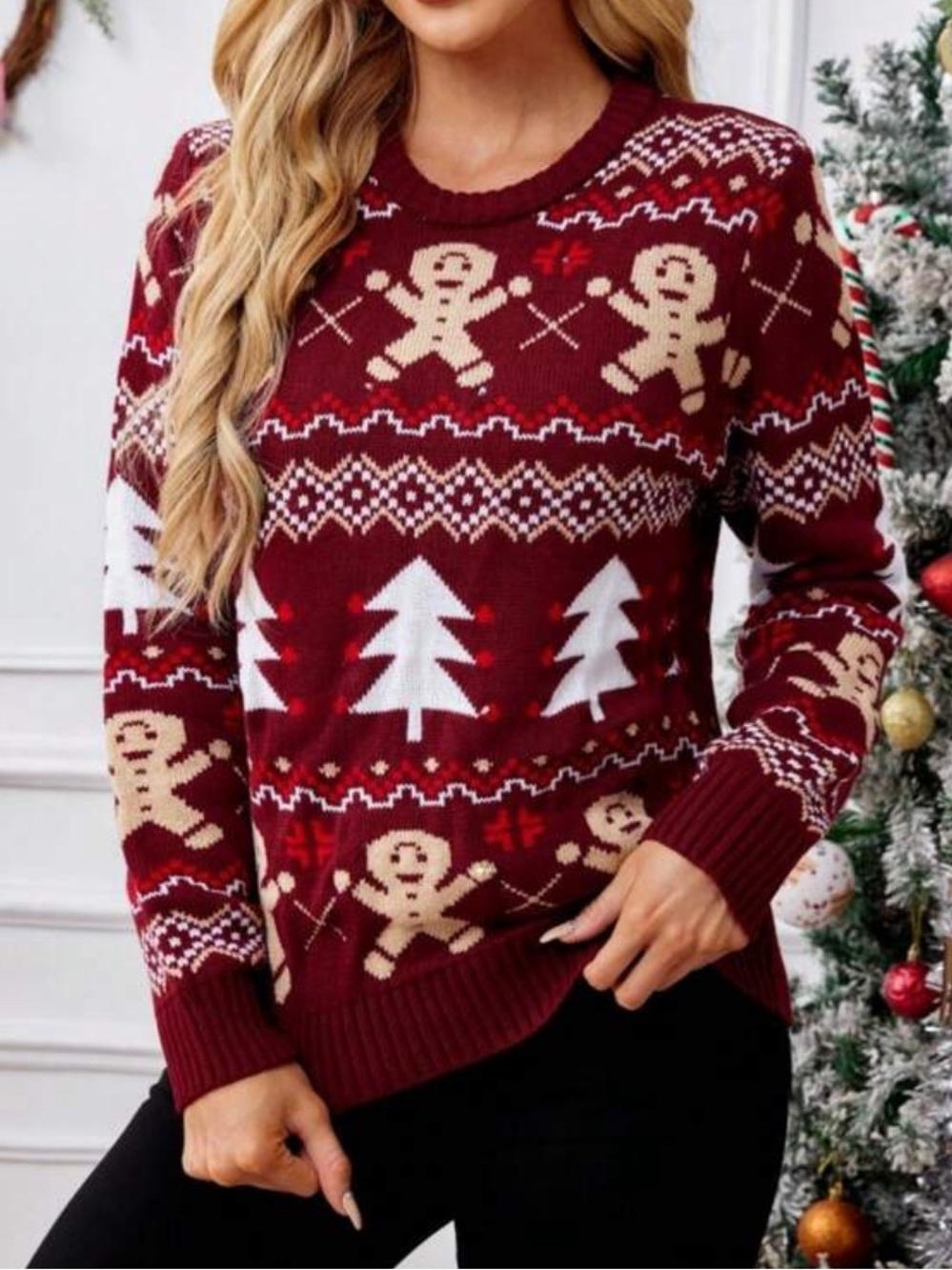 Women’s Burgundy Holiday Knit Sweater with Gingerbread Motif